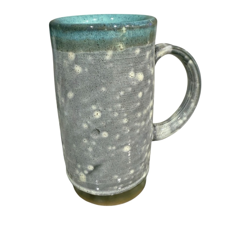 Handmade Studio Pottery Tall Mug Speckled Gray Teal Turquoise Signed Artist Cup